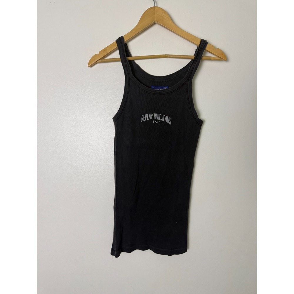 Replay Blue‎ Jeans Inc Embroidered Ribbed Tank Top Womens M Black Casual
